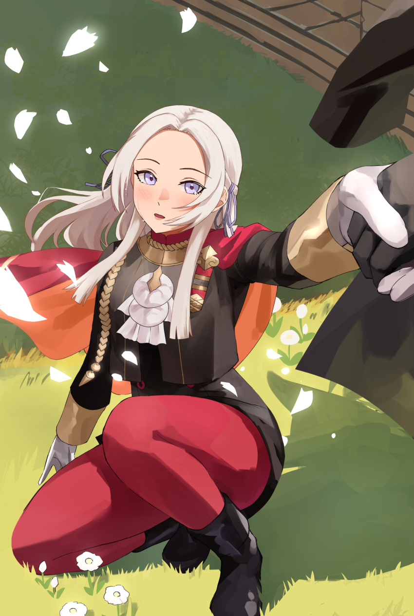 1girl absurdres black_footwear black_skirt blue_ribbon boots edelgard_von_hresvelg fire_emblem fire_emblem:_three_houses flower garreg_mach_monastery_uniform gloves grass highres holding_hands long_sleeves miniskirt pantyhose pearlbbbb red_pantyhose ribbon sitting skirt white_eyes white_gloves white_hair