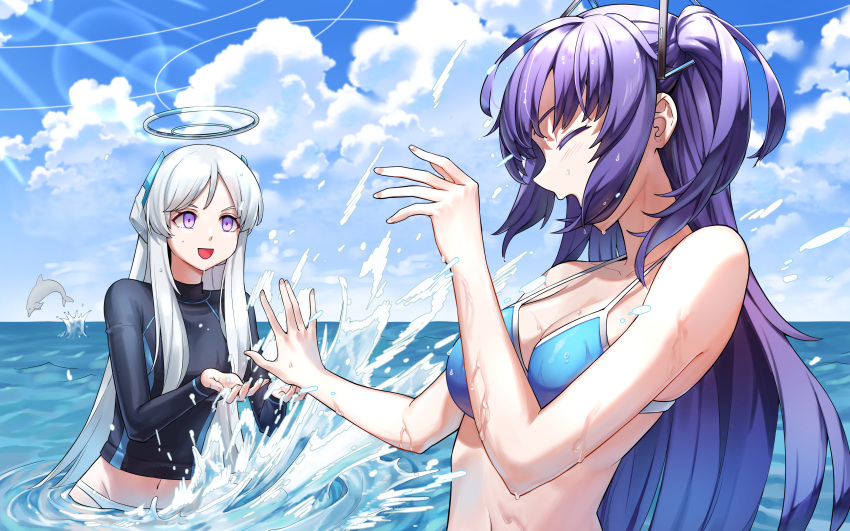 2girls absurdres bikini blue_archive blue_bikini breasts closed_eyes cloud cloudy_sky dolphin halo headphones highres long_hair long_sleeves looking_at_another medium_breasts multiple_girls navel noa_(blue_archive) ocean open_mouth outdoors police_riot_(artist) purple_eyes purple_hair rash_guard sidelocks sky smile splashing swimsuit two_side_up upper_body wading water white_hair yuuka_(blue_archive)