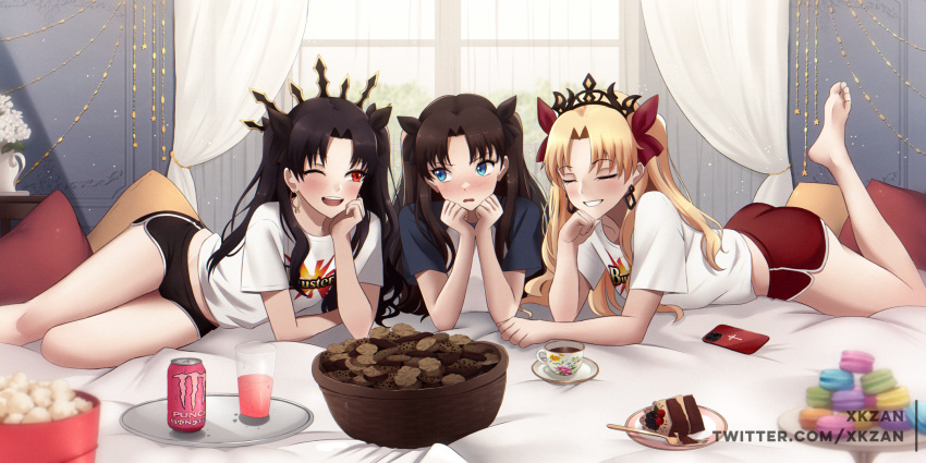 3girls alternate_costume bed bedroom black_bow black_hair black_hairband black_ribbon blonde_hair blue_eyes blush bow bowtie breasts brown_hair buster_shirt cake cake_slice cellphone closed_eyes cookie crown cup curtains earrings embarrassed energy_drink ereshkigal_(fate) eyelashes fate/grand_order fate/stay_night fate_(series) food food_focus gold gold_earrings gym_shorts hair_intakes hair_ornament hair_ribbon hairband highres hoop_earrings hot_chocolate indoors ishtar_(fate) jewelry light_rays long_hair looking_at_another lying macaron monster_energy multiple_girls on_bed one_eye_closed open_mouth pajamas parted_bangs party phone pillow plant popcorn potted_plant red_bow red_bowtie red_eyes red_hairband red_ribbon ribbon shirt shorts siblings sisters sleepover sleepwear small_breasts smartphone smile sparkle star_(symbol) straight_hair sunbeam sunlight sweets t-shirt teacup tohsaka_rin twintails twitter_username two_side_up white_shirt window xkzan