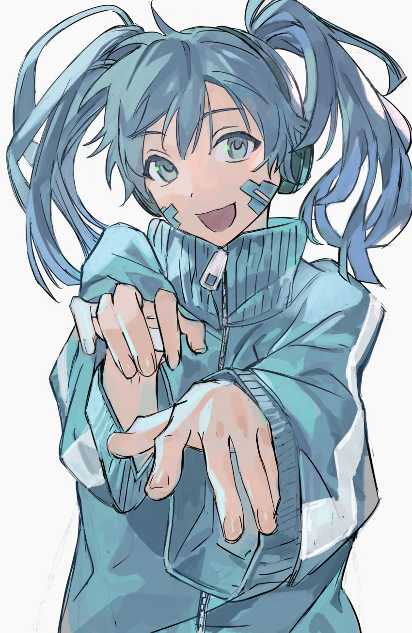 1girl absurdres blue_eyes blue_hair blue_jacket commentary dot_nose ene_(kagerou_project) foreshortening grey_background haxinssy headphones highres jacket kagerou_project long_hair looking_at_viewer open_mouth outstretched_arms popped_collar reaching reaching_towards_viewer simple_background smile solo track_jacket twintails upper_body wide_sleeves