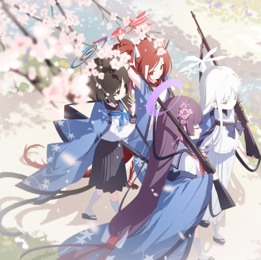 4girls animal_ears black_eyes black_hair black_serafuku black_skirt blue_archive blue_halo blue_neckerchief blue_sailor_collar cat_ears cat_tail grey_eyes gun hair_ornament halo haori highres holding holding_gun holding_weapon japanese_clothes kaerunrun kikyou_(blue_archive) long_hair multiple_girls multiple_tails nagusa_(blue_archive) neckerchief pleated_skirt ponytail purple_hair purple_halo red_eyes red_hair red_halo renge_(blue_archive) sailor_collar school_uniform serafuku short_hair skirt socks tail two_tails weapon white_hair white_skirt white_socks yukari_(blue_archive)