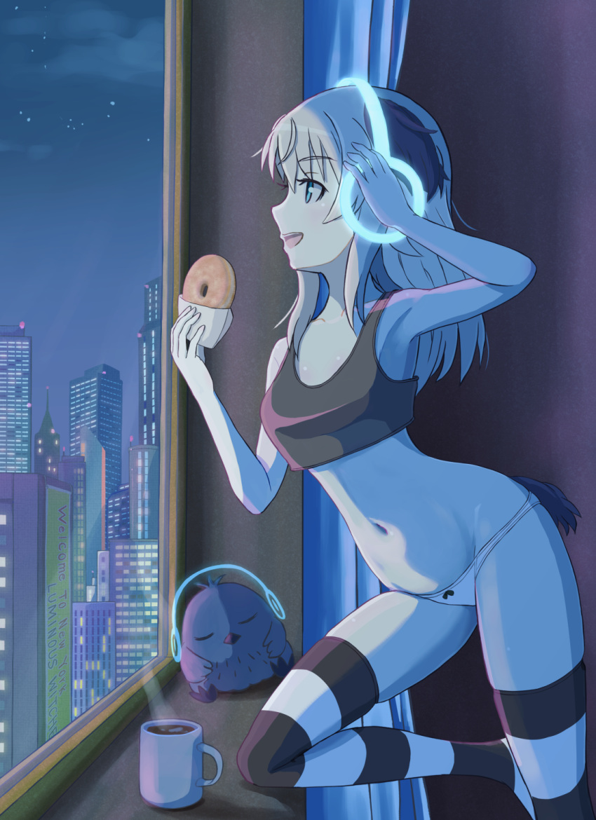 1girl animal_ears armpits bird_ears bird_tail blonde_hair blue_eyes bow bow_panties building city closed_eyes coffee_mug cup curtains doughnut food highres keicha_(kmoekaki) long_hair looking_outside luminous_witches moffy_(luminous_witches) mug new_york night night_sky open_mouth panties sky sports_bra strike_witches striped_clothes striped_thighhighs tail thighhighs underwear virginia_robertson world_witches_series