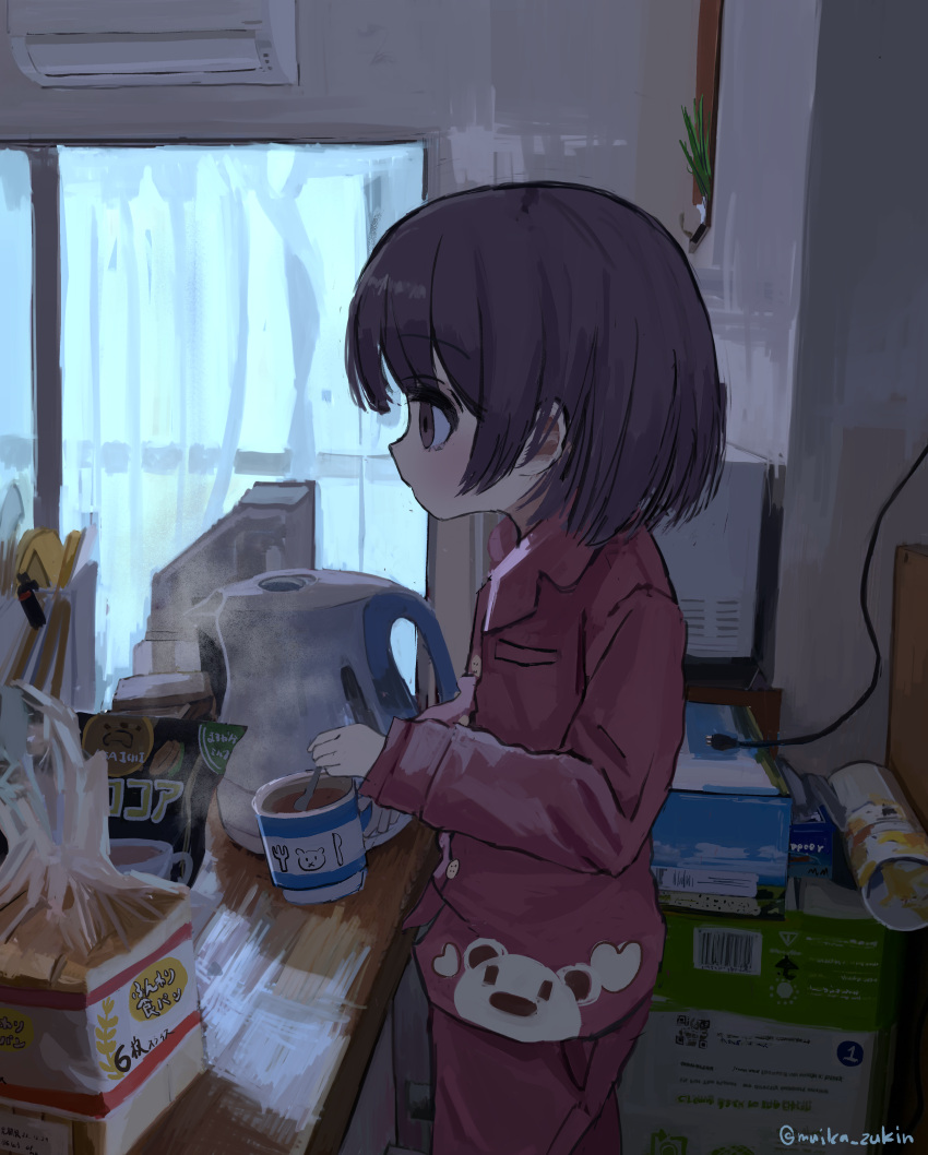 1girl absurdres air_conditioner balcony bread bread_slice brown_eyes food highres hot_chocolate indoors morning muika_zukin original pajamas pink_pajamas purple_hair scenery short_hair solo table toast winter wooden_table