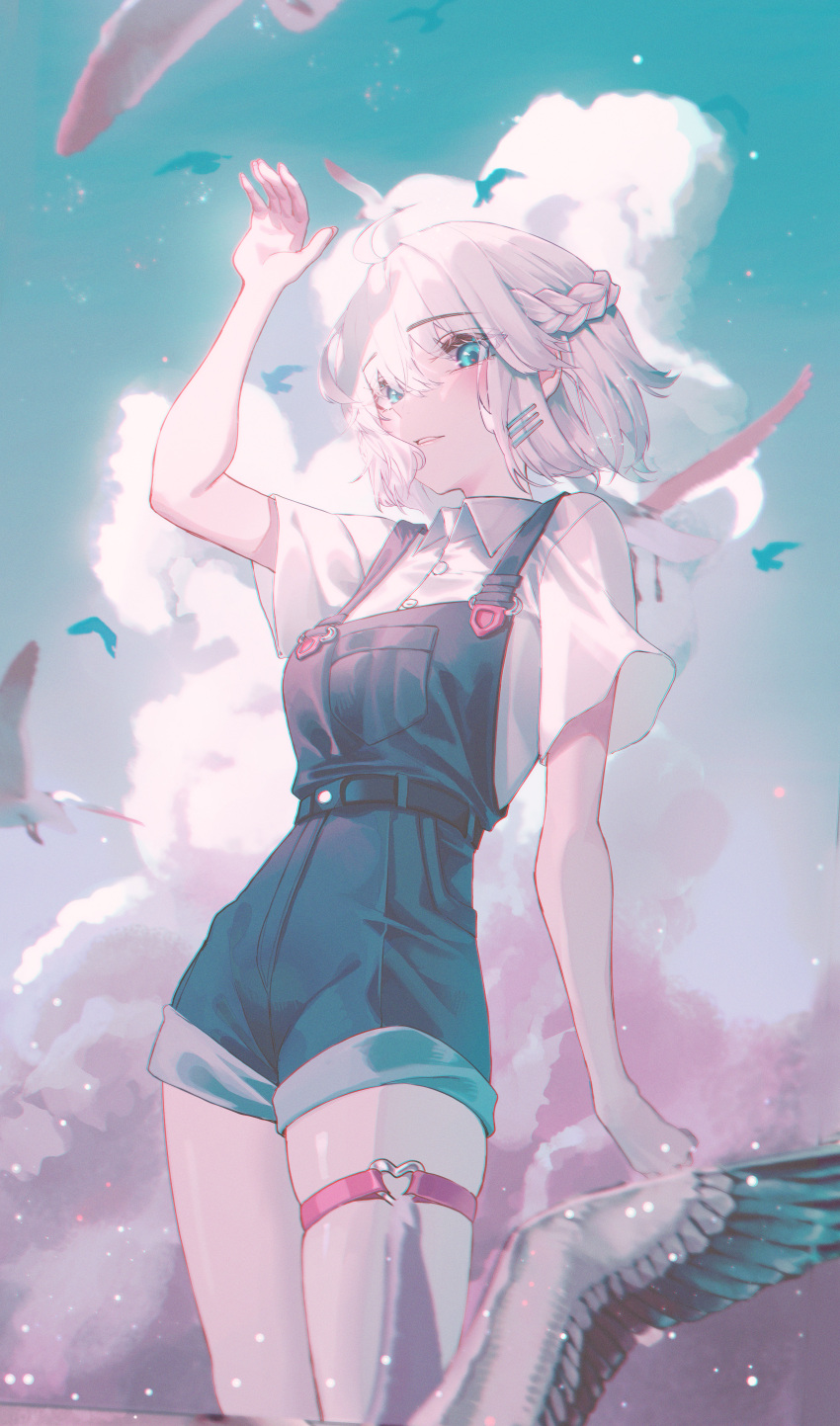 1girl absurdres belt bird black_belt blue_eyes blue_overalls braid breasts cloud domi_(hongsung0819) feathers french_braid gosegu hair_ornament hairclip heart_o-ring highres medium_breasts o-ring o-ring_thigh_strap overall_shorts overalls parted_lips seagull shirt short_hair short_sleeves skindentation sky solo thigh_strap virtual_youtuber waktaverse white_hair white_shirt wind wing_collar