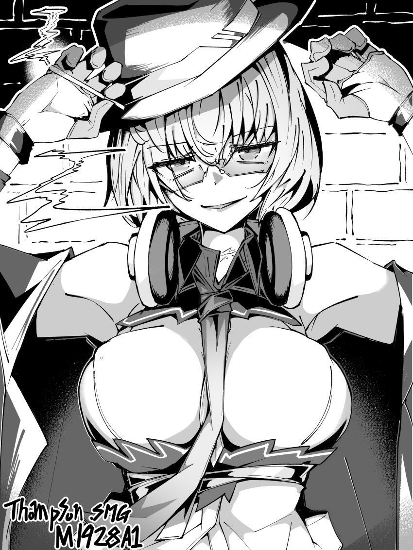 1girl absurdres arms_up between_breasts breasts character_name cigarette girls'_frontline glasses gloves half_gloves hands_up hat headphones headphones_around_neck highres holding holding_cigarette looking_at_viewer minami_shin_(zenshuu_bougyo) monochrome necktie necktie_between_breasts parted_lips short_hair smile solo straight-on thompson_(girls'_frontline)