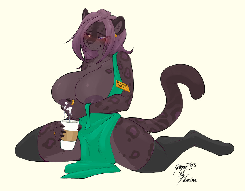 5_fingers anthro areola big_breasts biped blush bodily_fluids breasts claws collaboration eyebrows felid female fingers hair hi_res lactating lofiflavors mammal milk nipples pantherine smile solo tail yogoat