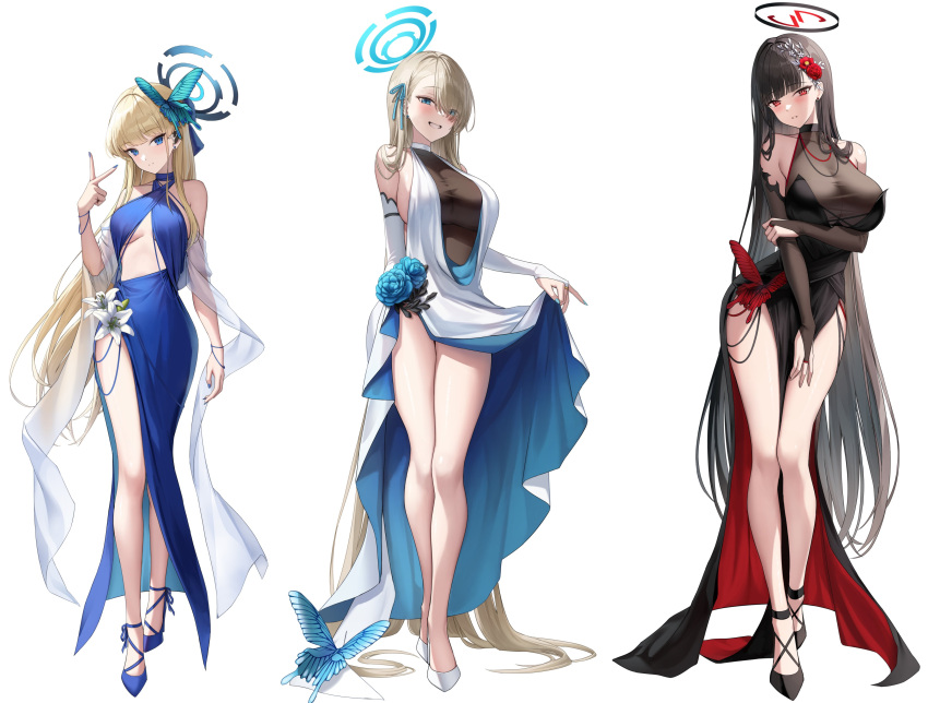 3girls absurdly_long_hair absurdres alternate_costume arm_under_breasts asuna_(blue_archive) bare_shoulders black_footwear black_hair blonde_hair blue_archive blue_dress blue_eyes blue_flower blue_footwear blue_halo blue_nails blue_ribbon blunt_bangs breasts bridal_gauntlets bright_pupils butterfly_hair_ornament butterfly_ornament cleavage closed_mouth clothes_lift commentary_request cross-laced_footwear dress dress_flower earrings evening_gown flower full_body grin hair_behind_ear hair_flower hair_ornament hair_over_one_eye hair_ribbon halo halter_dress halterneck hand_on_own_elbow hand_up high_heels highres holding_own_arm jewelry lace-up_heels large_breasts lifted_by_self light_brown_hair lineup long_dress long_hair long_legs looking_at_viewer medium_breasts multiple_girls parted_lips pelvic_curtain red_eyes red_flower ribbon rio_(blue_archive) see-through see-through_cleavage simple_background sleeveless sleeveless_dress smile standing stud_earrings teeth thighs toki_(blue_archive) torrentduck two-sided_dress two-sided_fabric v very_long_hair white_background white_flower white_footwear