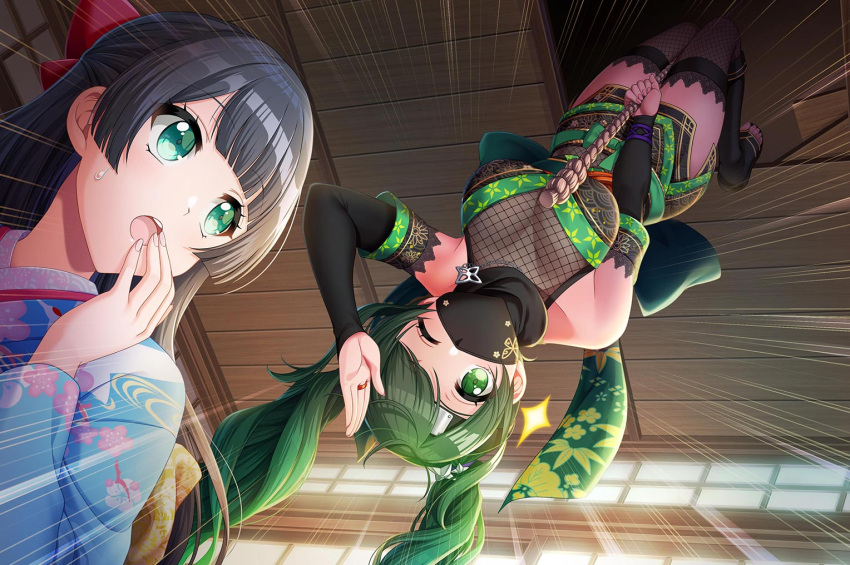 2girls black_hair black_mask breasts cleavage commentary_request d4dj fishnet_top fishnets forehead_protector green_eyes green_hair hair_ribbon holding holding_rope japanese_clothes jewelry kimono long_hair mask medium_breasts mouth_mask multiple_girls necklace ninja ninja_mask official_art one_eye_closed ribbon rope salute shimizu_esora short_kimono sweatdrop togetsu_rei twintails upper_body upside-down
