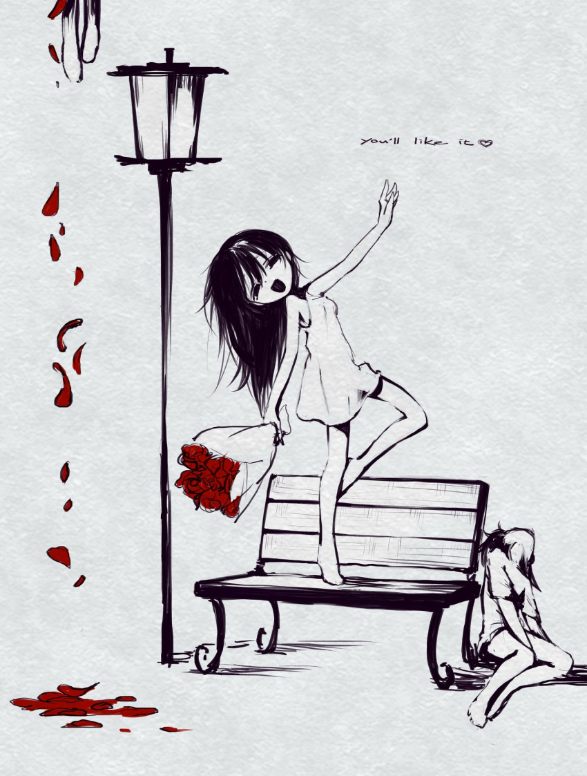 1other 2girls barefoot bench bouquet commentary_request dress english_text flower highres holding holding_bouquet implied_death lamppost long_hair looking_at_viewer monochrome multiple_girls nomura_kitan open_mouth original petals red_flower red_rose rose sketch smile spot_color standing standing_on_one_leg
