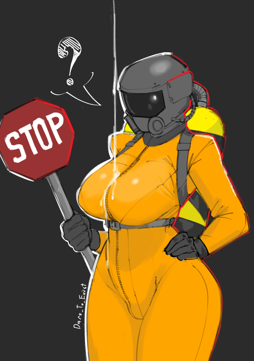 1girl ? absurdres artist_name bodysuit breasts dripping full-length_zipper grey_background hand_on_own_hip harness hazmat_suit highres improvised_weapon large_breasts lethal_company orange_bodysuit oxygen_mask oxygen_tank reflective_visor road_sign sexually_suggestive sign solo spooky_(dare_to_exist) standing stop_sign suggestive_fluid worker_(lethal_company) zipper