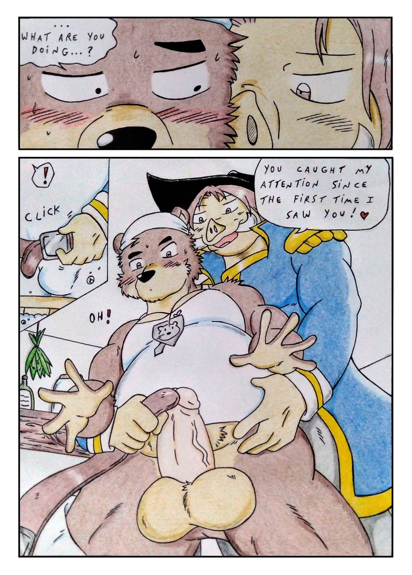 5_fingers absurd_res anthro balls bandanna barazoku bear belly belt big_belly big_pecs black_nose blue_clothing blush blush_lines bodily_fluids bottomwear bottomwear_down brown_body brown_eyes brown_fur brown_hair bulge clothed clothing comic comic_panel dashthefox detailed dialogue duo english_text erection fingers fur genital_fluids genitals hair hat headgear headwear hi_res humanoid_genitalia humanoid_hands humanoid_penis kemono kerchief kitchen kitchen_utensils looking_surprised male male/male mammal manly marteau muscular muscular_anthro muscular_male narrowed_eyes onomatopoeia open_belt overweight overweight_male pants pants_down partially_clothed pecs penis pink_penis removing_pants seductive shy sound_effects suid suina sus_(pig) tan_body tan_fur text tools topwear traditional_media_(artwork) underview undressing undressing_another ursine vein veiny_penis white_clothing wild_boar