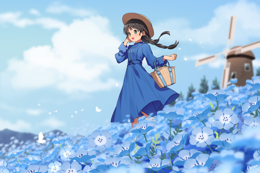 1girl :d arisa_(aren) artist_name black_hair blue_dress blue_flower blue_sky blue_theme blurry blurry_background blush braid bug butterfly cloud day dress field flower flower_field green_eyes hand_on_own_ear hand_up highres long_hair long_sleeves looking_ahead nemophila_(flower) open_mouth original outdoors signature sky smile solo standing twin_braids twintails wind windmill