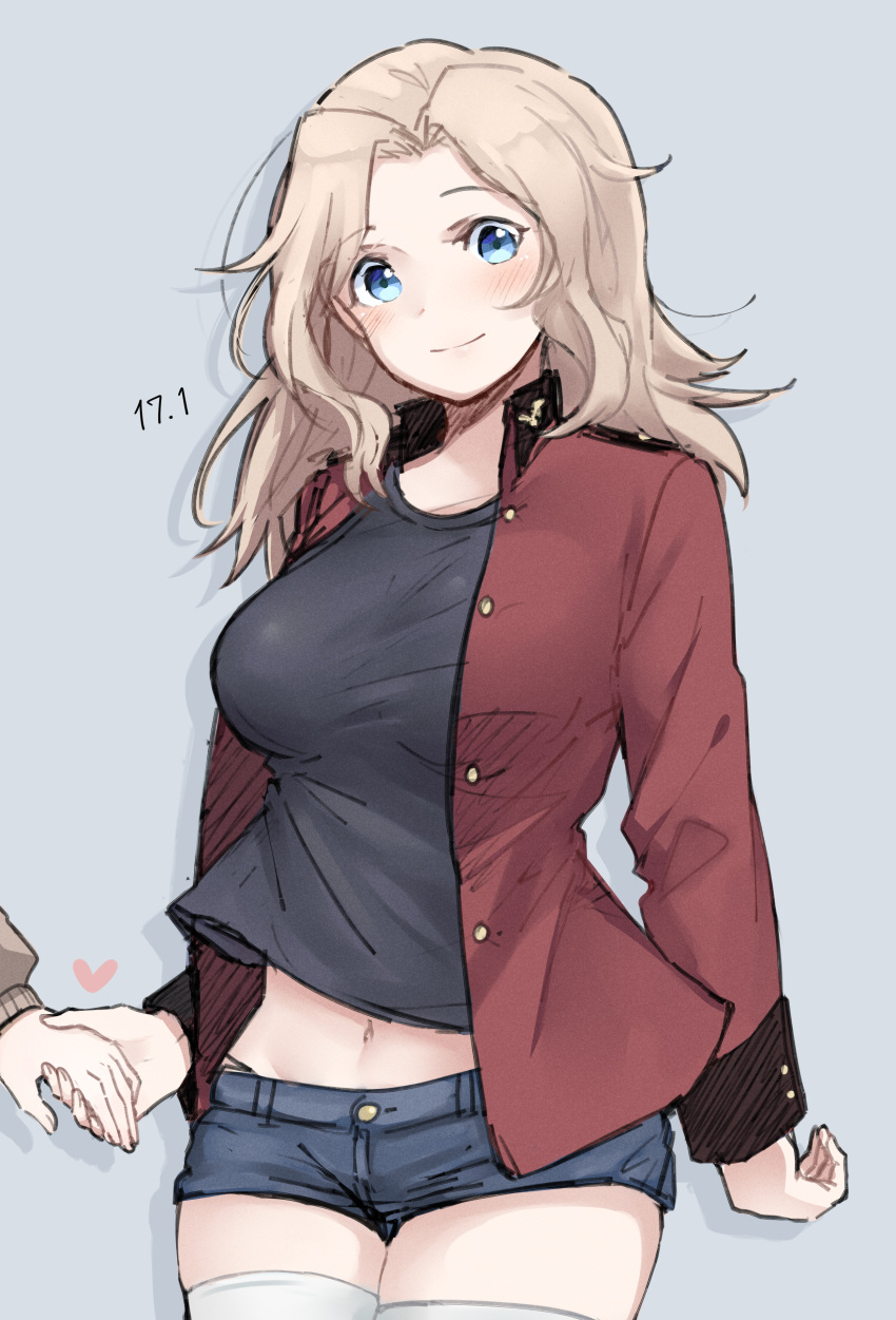 1girl 1other absurdres alternate_costume arm_behind_back black_tank_top blonde_hair blue_eyes blue_shorts blush breasts commentary_request cowboy_shot denim denim_shorts girls_und_panzer grey_background hair_intakes hand_grab heart highres jacket kay_(girls_und_panzer) large_breasts long_hair long_sleeves looking_at_viewer m1saki_1 midriff navel open_clothes red_jacket saunders_military_uniform shirt short_shorts shorts smile solo_focus st._gloriana's_military_uniform tank_top thighhighs thighs white_thighhighs