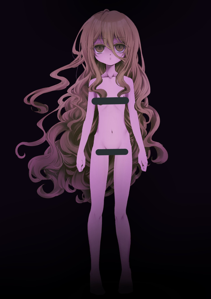 1girl bar_censor black_background brown_eyes brown_hair censored commentary_request completely_nude expressionless flat_chest full_body hair_between_eyes highres long_hair looking_at_viewer navel nomura_kitan nude original simple_background solo very_long_hair wavy_hair