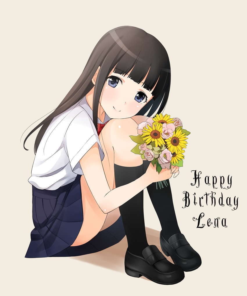 absurdres black_hair black_legwear blue_skirt blush bouquet character_name character_request eyebrows_visible_through_hair flower french_maid grey_background happy_birthday highres holding holding_bouquet kneehighs loafers long_hair looking_at_viewer pleated_skirt shirt shoes simple_background sitting skirt smile solo white_shirt