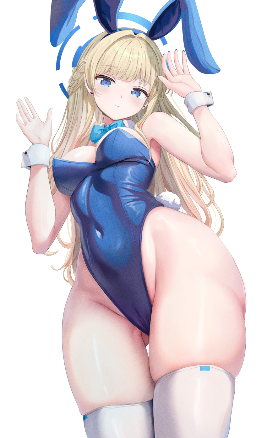 1girl absurdres animal_ears ass_visible_through_thighs bare_shoulders blonde_hair blue_archive blue_bow blue_eyes blue_hairband blue_leotard bow bowtie braid breasts closed_mouth detached_collar fake_animal_ears from_below hairband halo hands_up highleg highleg_leotard highres leotard long_hair looking_at_viewer looking_down medium_breasts nekonosuke official_alternate_costume official_alternate_hairstyle playboy_bunny rabbit_ears rabbit_tail solo tail thighhighs thighs toki_(blue_archive) toki_(bunny)_(blue_archive) very_long_hair white_thighhighs wrist_cuffs