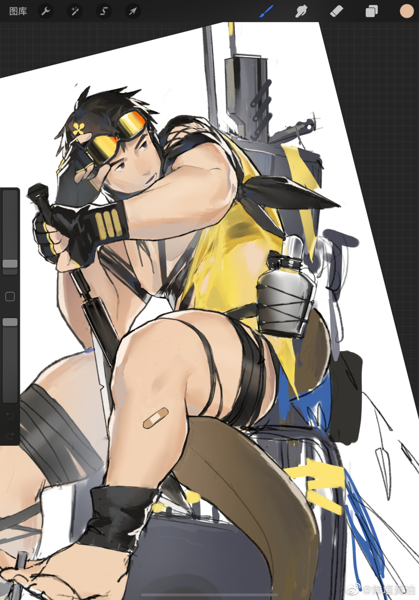 1boy adjusting_eyewear art_program_in_frame bandaid bandaid_on_leg bara bare_pectorals black_hair bodysuit from_below goggles goggles_on_head highres large_pectorals laserbiubiu looking_to_the_side male_focus muscular muscular_male nipples original pectorals short_hair sitting solo thick_eyebrows thick_thighs thighs unfinished yellow_bodysuit