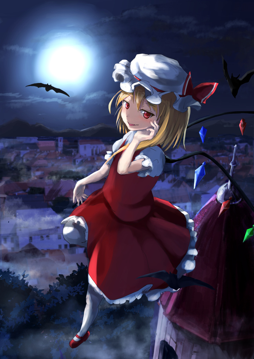 1girl aoniyoshi backlighting bat_(animal) blonde_hair flandre_scarlet flying frilled_skirt frills full_body hat hat_ribbon highres looking_at_viewer mary_janes mob_cap moon multicolored_wings night one_side_up open_mouth outdoors pantyhose puffy_short_sleeves puffy_sleeves red_eyes red_footwear red_ribbon red_skirt red_vest ribbon ribbon-trimmed_headwear ribbon_trim shirt shoes short_sleeves skirt solo touhou vest white_headwear white_pantyhose white_shirt wings