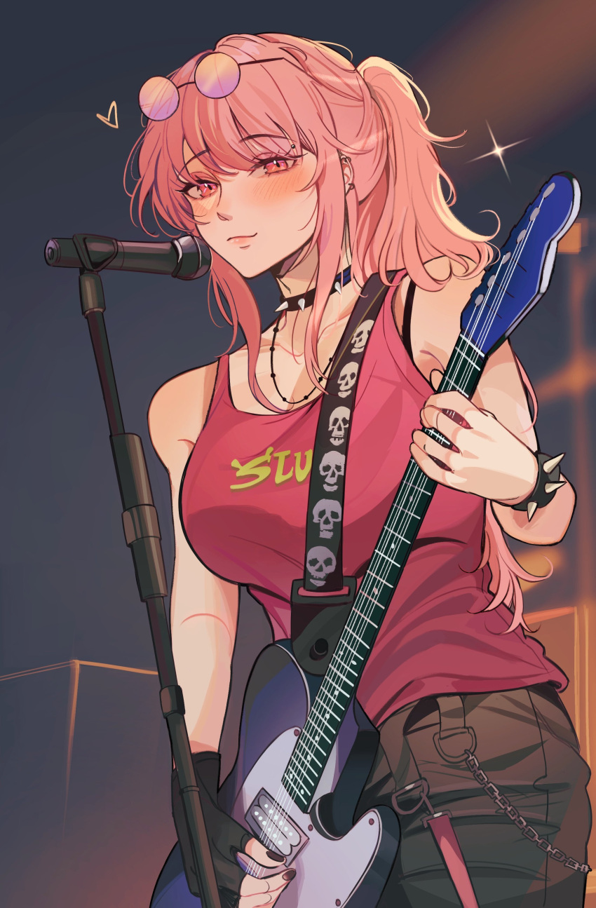 1girl absurdres alternate_costume amlichan black_nails bracelet breasts chain choker electric_guitar guitar highres holding holding_guitar holding_instrument hololive hololive_english instrument jewelry long_hair looking_at_viewer microphone mori_calliope music pink_hair playing_instrument red_eyes smile solo spiked_bracelet spiked_choker spikes tank_top virtual_youtuber