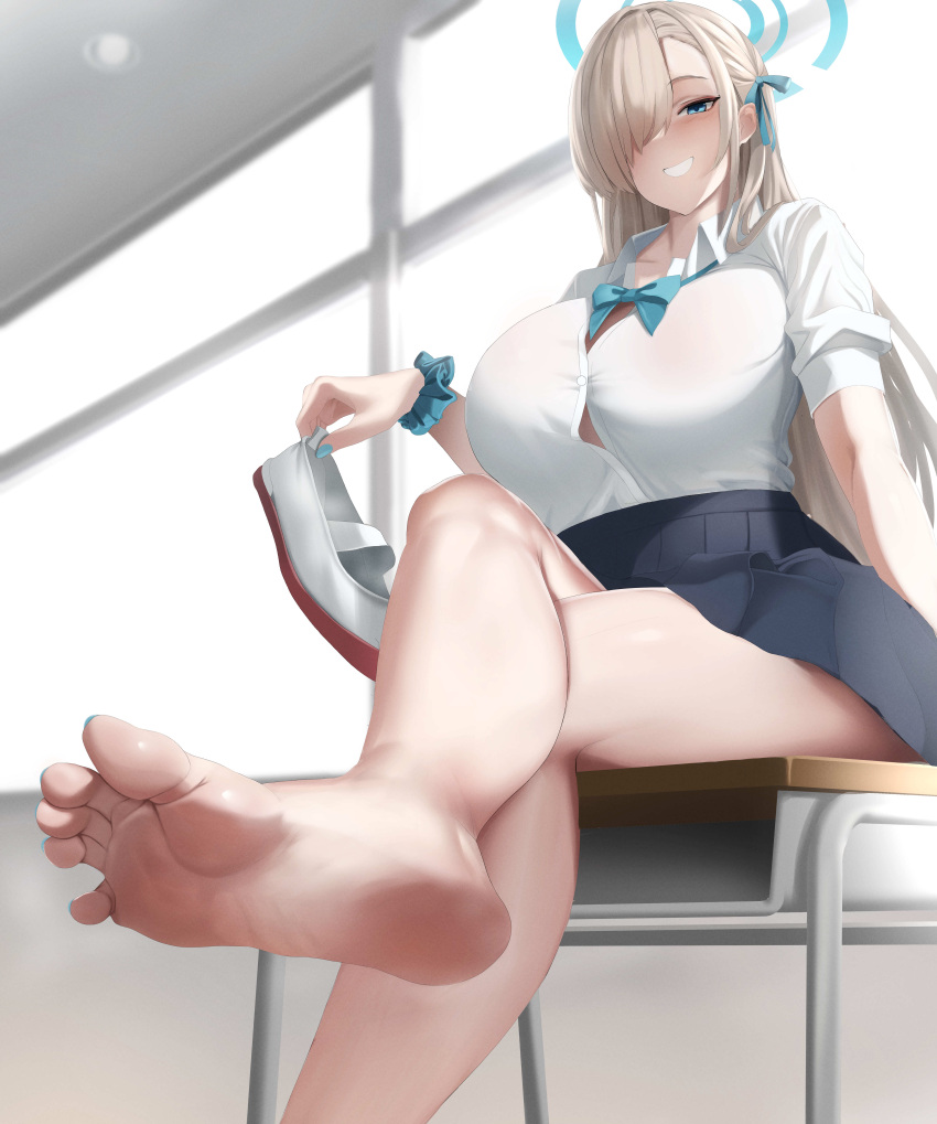 1girl absurdres asuna_(blue_archive) bare_legs barefoot black_skirt blonde_hair blue_archive blue_bow blue_bowtie blue_eyes blue_nails blue_ribbon blue_scrunchie blurry blurry_background bow bowtie breasts collared_shirt day desk feet foot_focus grin hair_over_one_eye hair_ribbon halo highres holding holding_shoes large_breasts legs long_hair looking_at_viewer nail_polish nuchitarou on_desk presenting_foot ribbon school_desk scrunchie shirt shoes sitting sitting_on_desk skirt sleeves_rolled_up smile soles solo toes unworn_shoes white_shirt window