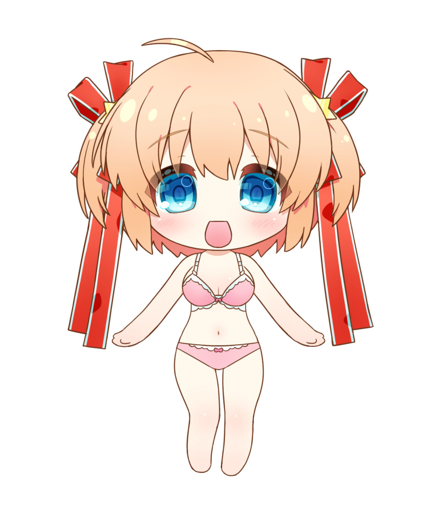 1girl :d ahoge arms_at_sides bare_arms bare_legs blonde_hair blue_eyes blush bra breasts chibi cleavage commentary eyes_visible_through_hair frilled_bra frills hair_between_eyes hair_ornament hair_ribbon highres kamikita_komari little_busters! long_ribbon looking_at_viewer medium_breasts natsuoto_rito navel open_mouth panties pink_bra pink_panties red_ribbon ribbon short_hair simple_background smile solo standing star_(symbol) star_hair_ornament straight-on two_side_up underwear underwear_only white_background