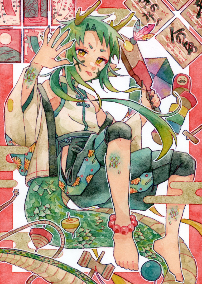 1other 2024 androgynous barefoot chinese_clothes chinese_zodiac commentary dragon_horns dragon_tail green_hair happy_new_year highres horns long_hair looking_at_viewer original paddle symbol-only_commentary tail tenyawanya_tsun tongue tongue_out toy year_of_the_dragon