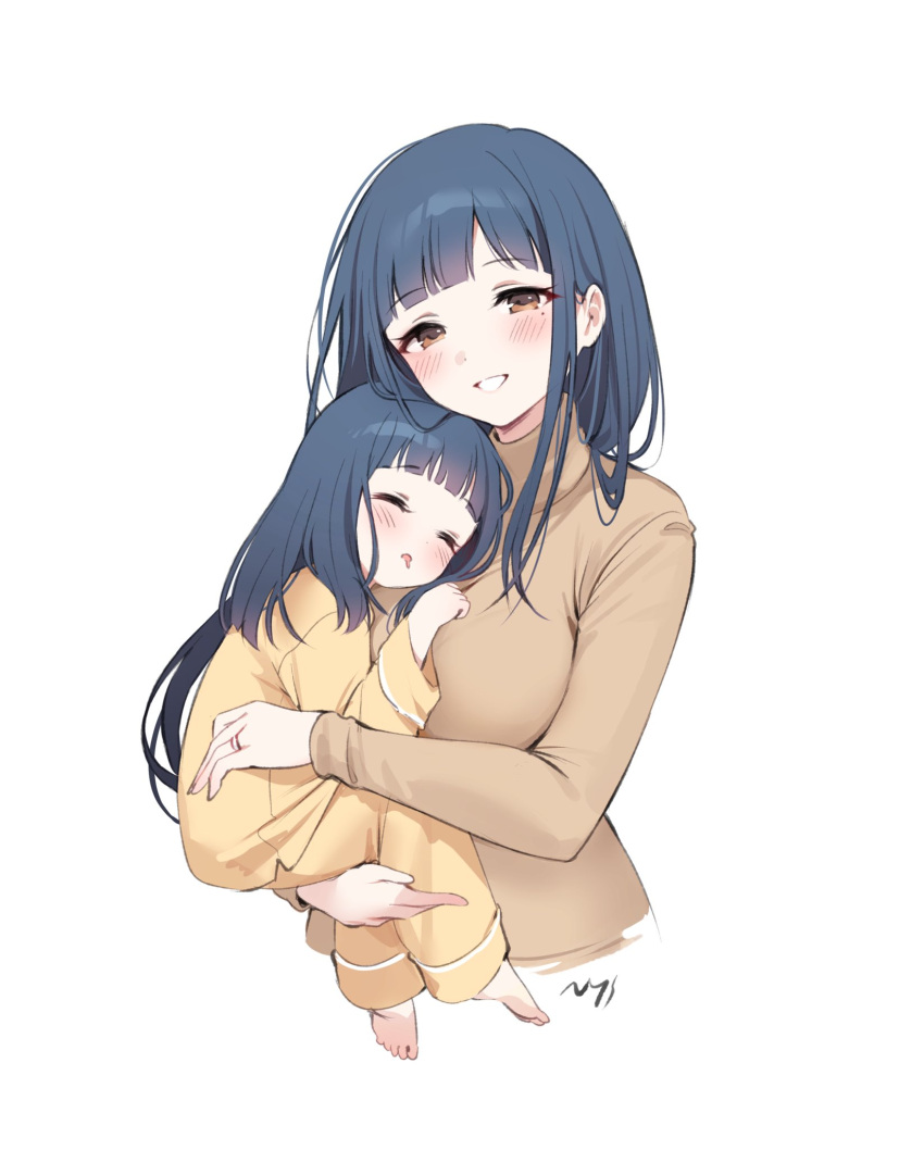 2girls blunt_bangs blush breasts brown_shirt carrying child child_carry cropped_torso drooling highres jewelry kitakami_reika kitakami_reika's_mother large_breasts long_hair looking_at_viewer mole mole_under_eye mouth_drool multiple_girls nys pants ring shirt signature simple_background sleeping smile very_long_hair wedding_ring white_background yellow_pants yellow_shirt