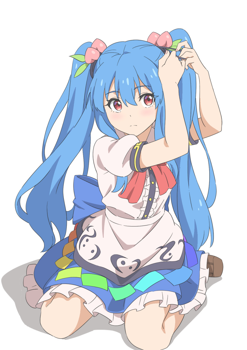 1girl adjusting_hair blue_hair blue_skirt blush brown_footwear center_frills closed_mouth frilled_skirt frills full_body gyouza_(mhea5724) hair_between_eyes highres hinanawi_tenshi long_hair puffy_short_sleeves puffy_sleeves red_eyes shirt shoes short_sleeves sidelocks simple_background skirt solo touhou two_side_up white_background white_shirt