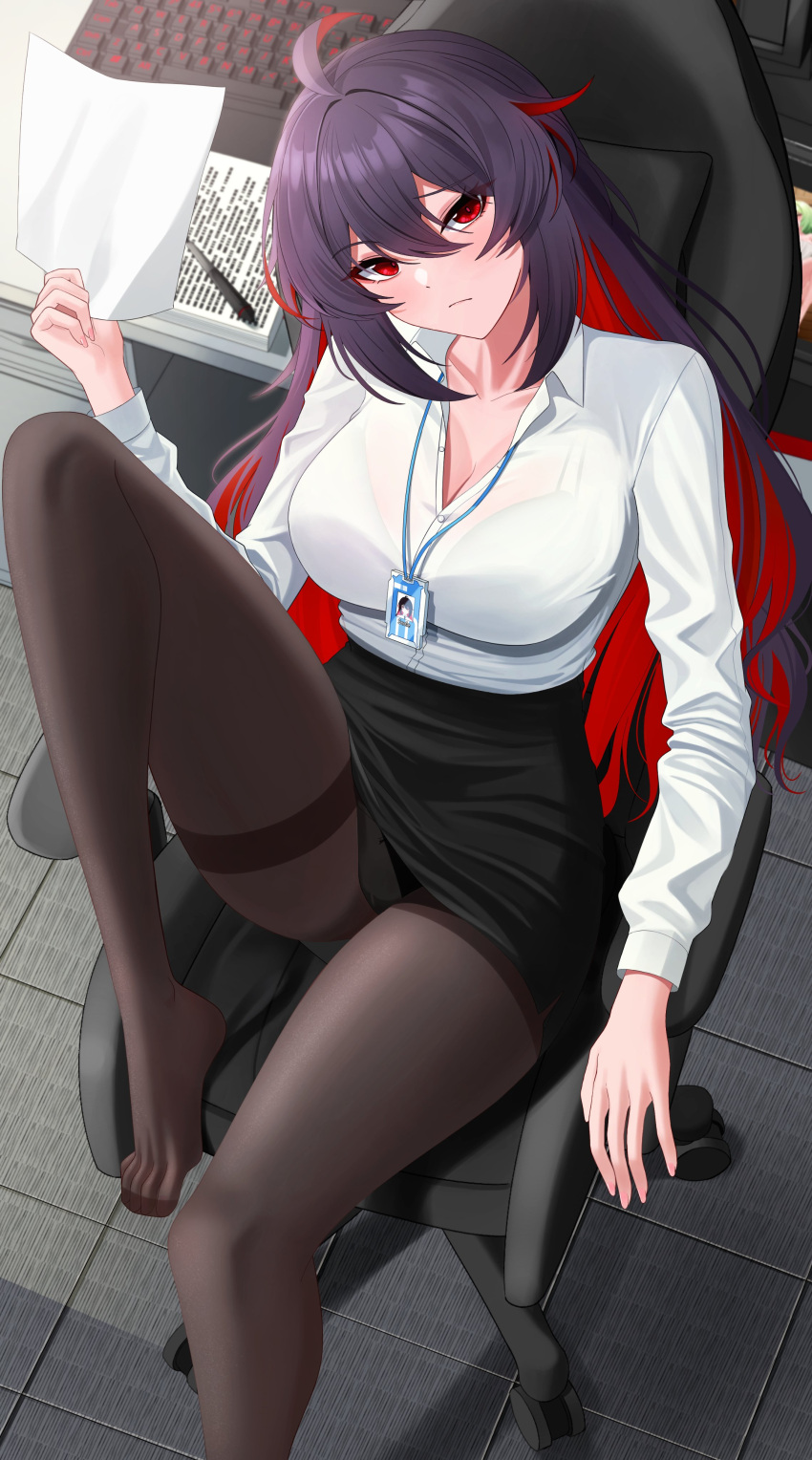 1girl absurdres ahoge aircell black_hair black_skirt bra_visible_through_clothes breasts brown_pantyhose chair feet highres holding holding_paper honkai_(series) honkai_impact_3rd keyboard_(computer) lanyard large_breasts leg_up long_sleeves looking_at_viewer multicolored_hair office_chair office_lady open_clothes pantyhose paper pen red_eyes red_hair see-through seele_(alter_ego) seele_vollerei shirt shirt_tucked_in skirt solo swivel_chair tight_clothes tight_shirt two-tone_hair wheelchair white_shirt