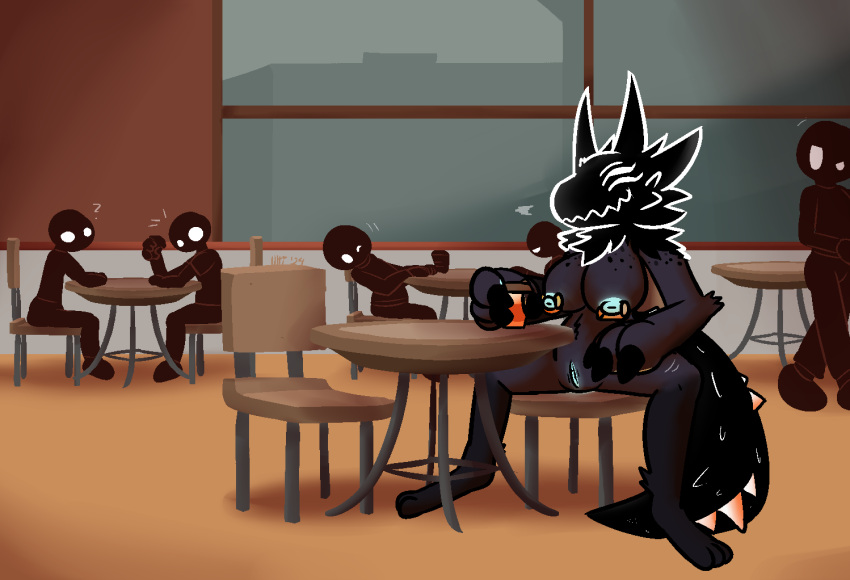 2024 2_horns 4_fingers anthro anthro_focus big_breasts black_body black_claws black_fur black_horn black_scales black_spots blue_pussy breasts casual_nudity chair claws coffee_cup container cup detailed_background digitigrade eldritch_being female female_focus finger_claws fingers fur furniture genitals grey_body grey_fur horn leg_markings markings motion_lines nipple_piercing nipples on_chair outside piercing public public_nudity pussy scales sharp_teeth silhouette sitting socks_(marking) solo_focus spiked_tail spikes spikes_(anatomy) spots spotted_body spotted_fur spread_legs spreading tail teeth ultilix vicky_(eldritchxmother) white_eyes