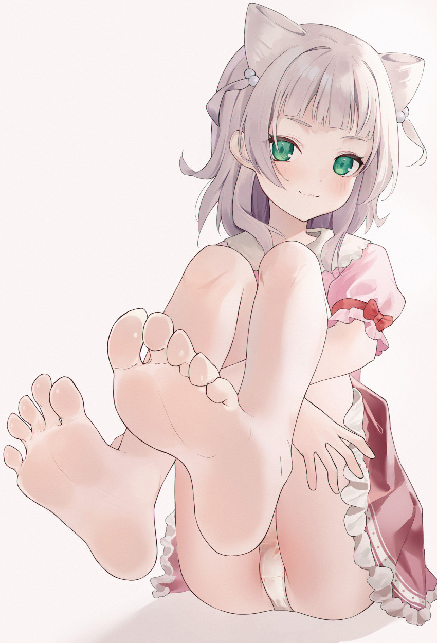 1girl :3 absurdres aid! bare_legs barefoot beads bow closed_mouth commission cone_hair_bun double_bun dress feet foot_focus foreshortening frilled_dress frills green_eyes hair_beads hair_bun hair_ornament highres hugging_own_legs kashiwagi_mia legs looking_at_viewer medium_hair ongeki panties pink_dress pixiv_commission presenting_foot red_bow shadow short_sleeves simple_background sitting sleeve_bow soles solo toenails toes underwear white_hair white_panties