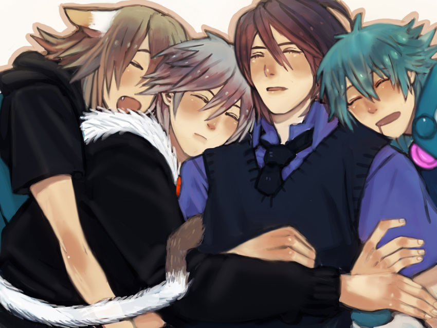 4boys akira_(togainu_no_chi) animal_ears black_hair blue_hair blush cat_boy cat_ears cat_tail closed_eyes commentary_request company_connection crossover cuddling dramatical_murder droopy_ears fang fur-trimmed_hood fur_trim grey_hair hair_between_eyes headphones headphones_around_neck hood konoe_(lamento) lamento light_brown_hair male_focus multiple_boys multiple_crossover necktie nitro+_chiral open_mouth outline sakiyama_youji seragaki_aoba short_hair sleeping sweater_vest sweet_pool tail togainu_no_chi upper_body wannda_uni