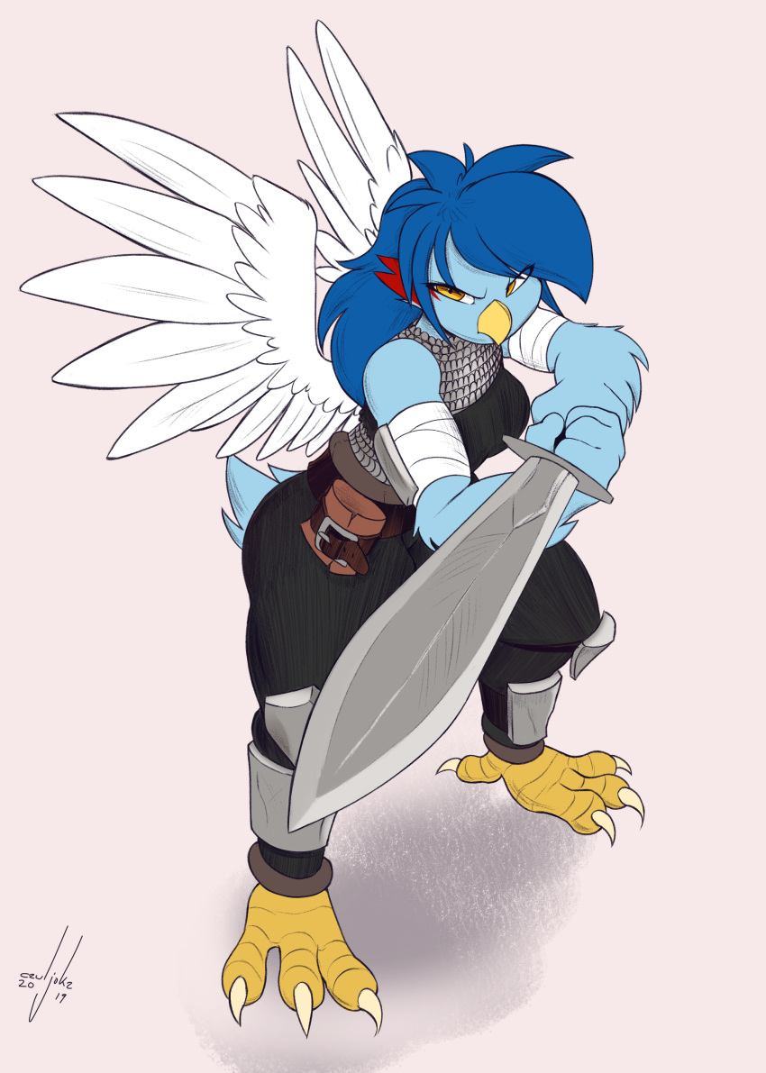 2019 3_toes 4_fingers absurd_res anthro armor avian beak blue_feathers blue_hair breasts cewljoke chainmail clothed clothing feathers female hair hi_res looking_at_viewer melee_weapon orange_eyes simple_background solo sword talons toes weapon white_feathers wings