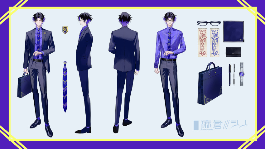 1boy absurdres asakura_shino badge bag belt black_belt black_footwear black_hair black_pants blue_bag blue_necktie collared_shirt dress_shoes ear_piercing glasses gradient_hair green_eyes highres holding holding_bag looking_at_viewer multicolored_hair multiple_views necktie neo-porte official_art pants pen piercing purple_hair purple_shirt purple_socks reference_sheet second-party_source shirt socks solo suit tattoo ugonba_(howatoro) virtual_youtuber wallet watch wristwatch