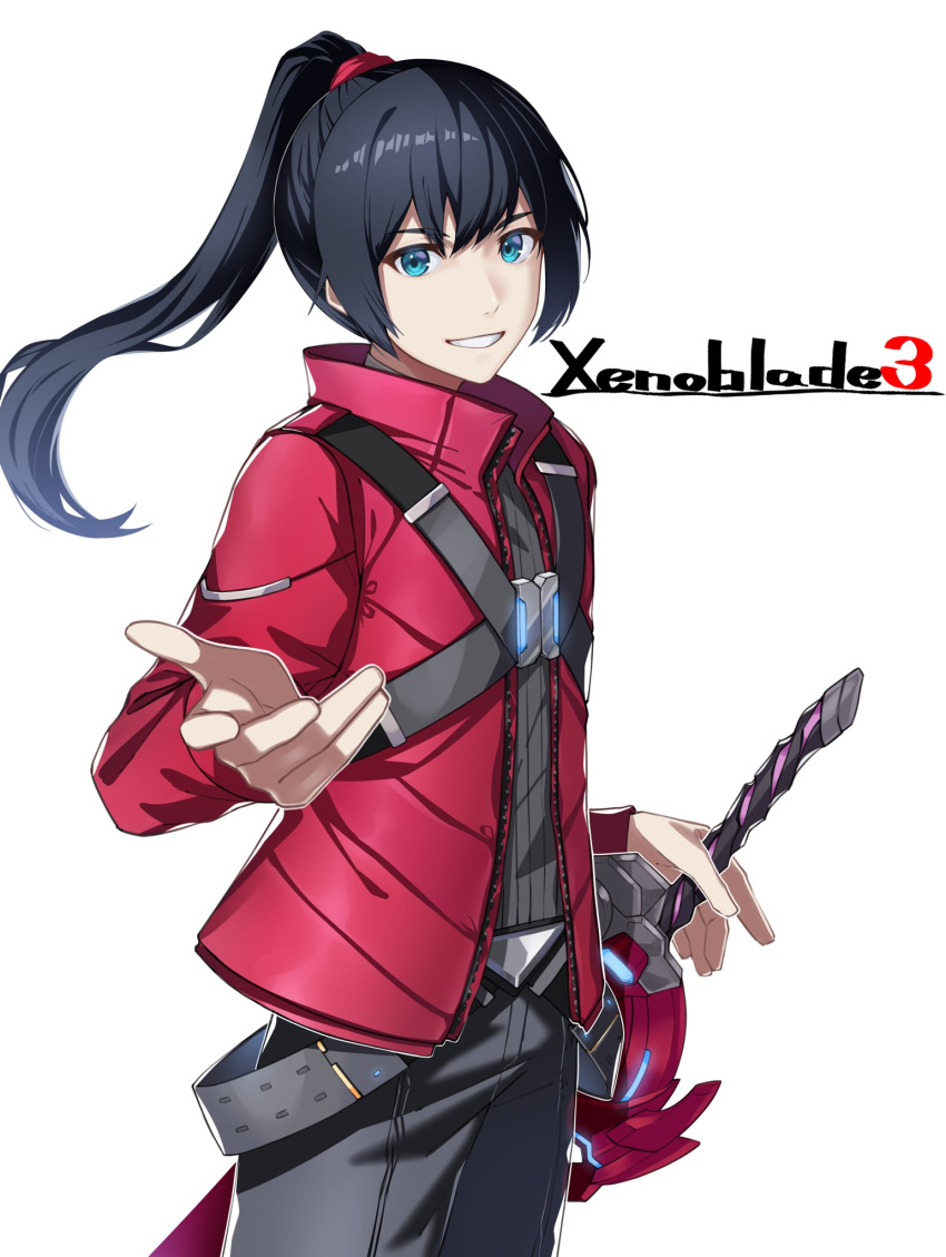 1boy black_hair black_pants blue_eyes commentary_request copyright_name grey_shirt hair_between_eyes high_ponytail highres jacket long_hair long_sleeves looking_at_viewer male_focus noah_(xenoblade) pants ponytail red_jacket ribbed_shirt shirt simple_background smile solo standing sword tpicm weapon white_background xenoblade_chronicles_(series) xenoblade_chronicles_3