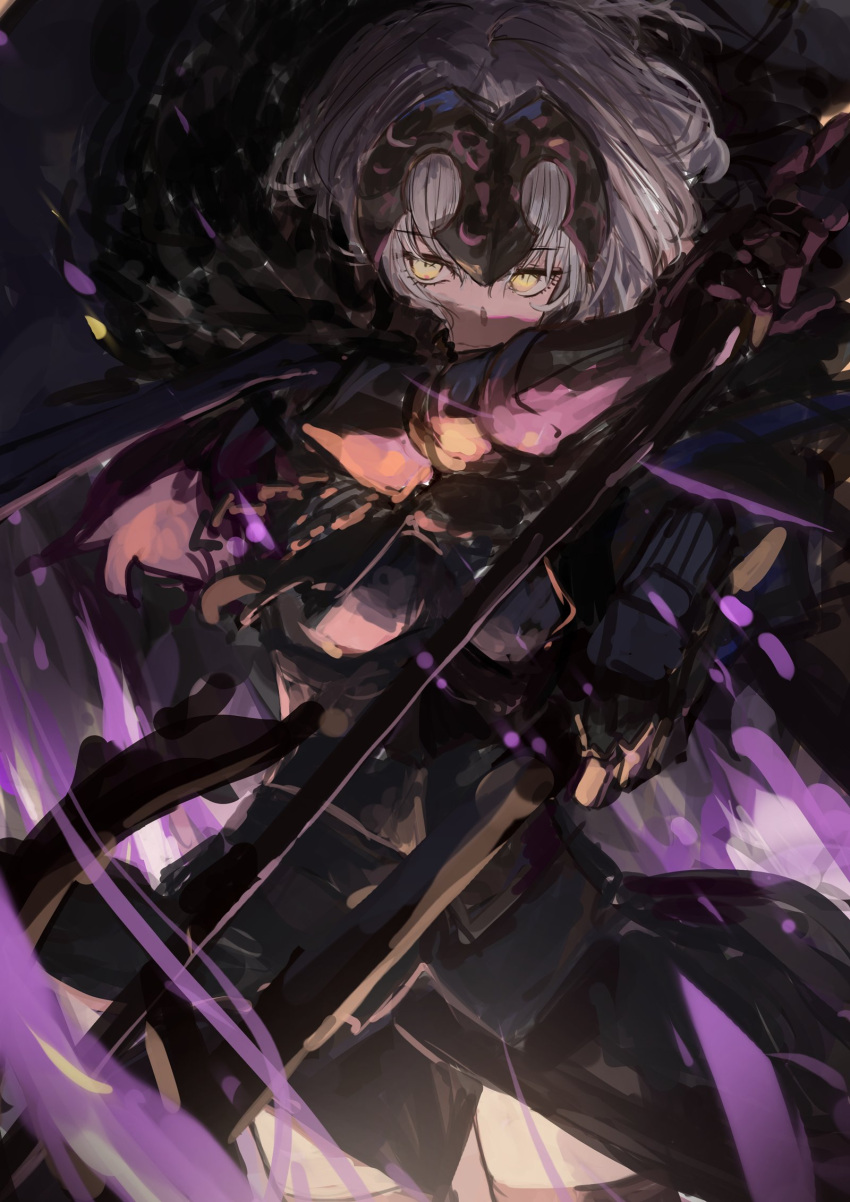 1girl armor armored_dress black_armor cape cloak dark fate/samurai_remnant fate_(series) fur-trimmed_cape fur-trimmed_cloak fur_trim headpiece highres holding holding_polearm holding_weapon jeanne_d'arc_alter_(lancer)_(fate) plackart polearm purple_cape short_hair solo thighhighs torn_cape torn_clothes weapon white_hair yellow_eyes yorurokujuu