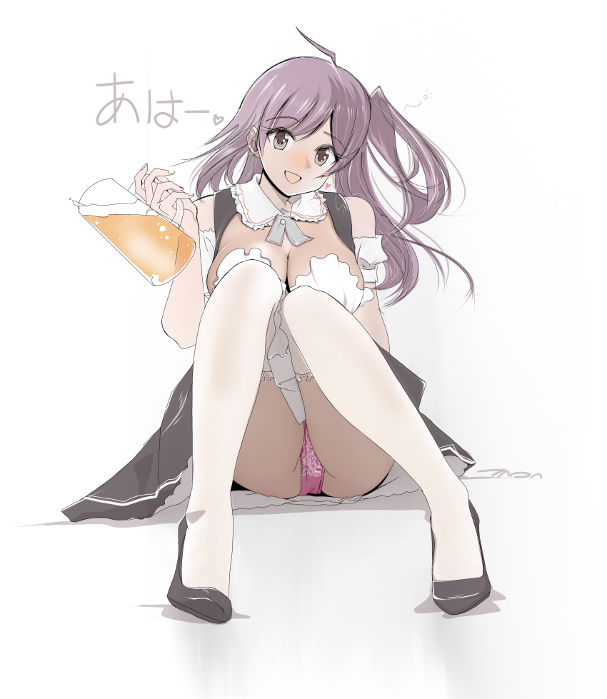 1girl absurdres alcohol alternate_costume ass beer beer_mug black_footwear breasts brown_eyes cleavage cleavage_cutout clothing_cutout commentary_request cup dirndl german_clothes hagikaze_(kancolle) heart highres kantai_collection large_breasts long_hair looking_at_viewer mug oktoberfest one_side_up open_mouth panties pink_panties purple_hair sitting solo tada_(tactical_tada) thighhighs underwear white_background white_thighhighs