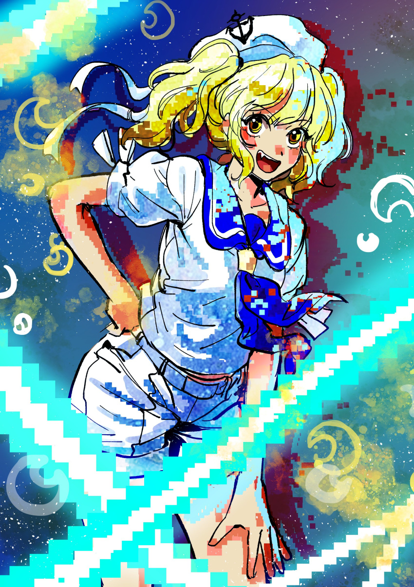 1girl absurdres anchor blonde_hair blue_sailor_collar cowboy_shot fang hand_on_own_hip hand_on_own_thigh hat highres kitashirakawa_chiyuri kuya_(hey36253625) laser leaning_forward moon open_mouth pixels revision sailor_collar shorts solo space teeth touhou touhou_(pc-98) twintails upper_teeth_only white_shorts yellow_eyes