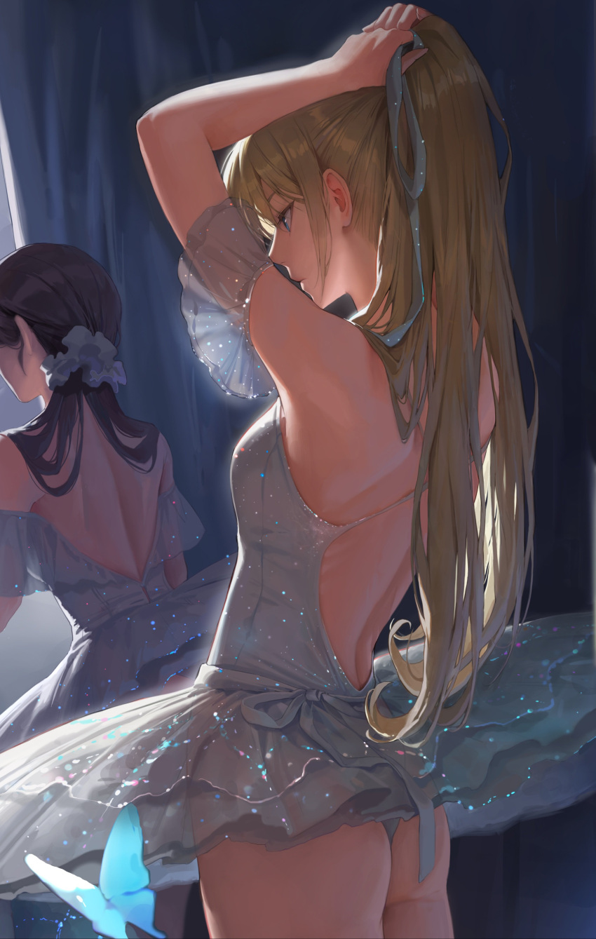 2girls absurdres arm_garter ass back bangsom black_hair blonde_hair blue_butterfly blue_curtains blue_eyes breasts bug butterfly closed_mouth commentary dress english_commentary highres indoors long_hair multiple_girls original sidelocks small_breasts solo_focus standing tutu tying_hair unfinished white_dress
