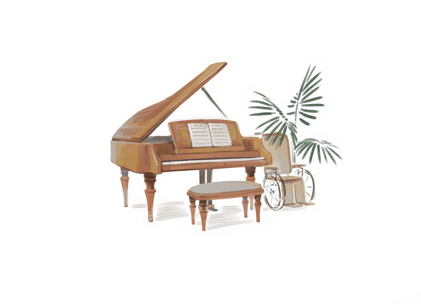 absurdres chinese_commentary commentary_request grand_piano highres instrument no_humans object_focus original palm_leaf piano plant potted_plant shadow sheet_music simple_background stool wheelchair white_background yuine_yuyin