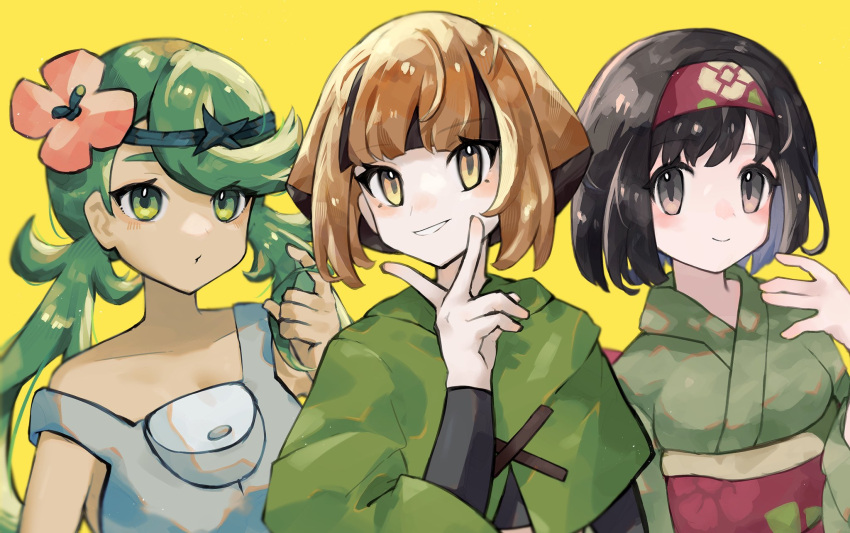 3girls asatte_3z black_hair brown_eyes brown_hair closed_mouth commentary_request dark-skinned_female dark_skin erika_(pokemon) eyelashes flower gardenia_(pokemon) green_eyes green_hair grey_eyes hair_flower hair_ornament hairband highres japanese_clothes kimono long_hair mallow_(pokemon) multiple_girls pokemon pokemon_dppt pokemon_frlg pokemon_sm pout red_hairband short_hair simple_background single_bare_shoulder smile teeth trait_connection upper_body v yellow_background