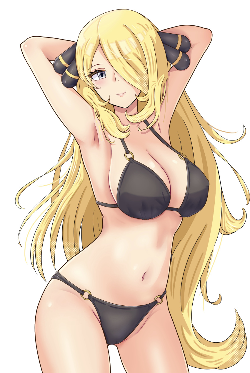 1girl absurdres armpits arms_up bikini black_bikini blonde_hair breasts closed_mouth cowboy_shot cynthia_(pokemon) grey_eyes hair_ornament hair_over_one_eye highres large_breasts long_hair looking_at_viewer maho_(corotonton5150) navel pokemon pokemon_dppt simple_background smile solo stomach swimsuit very_long_hair white_background