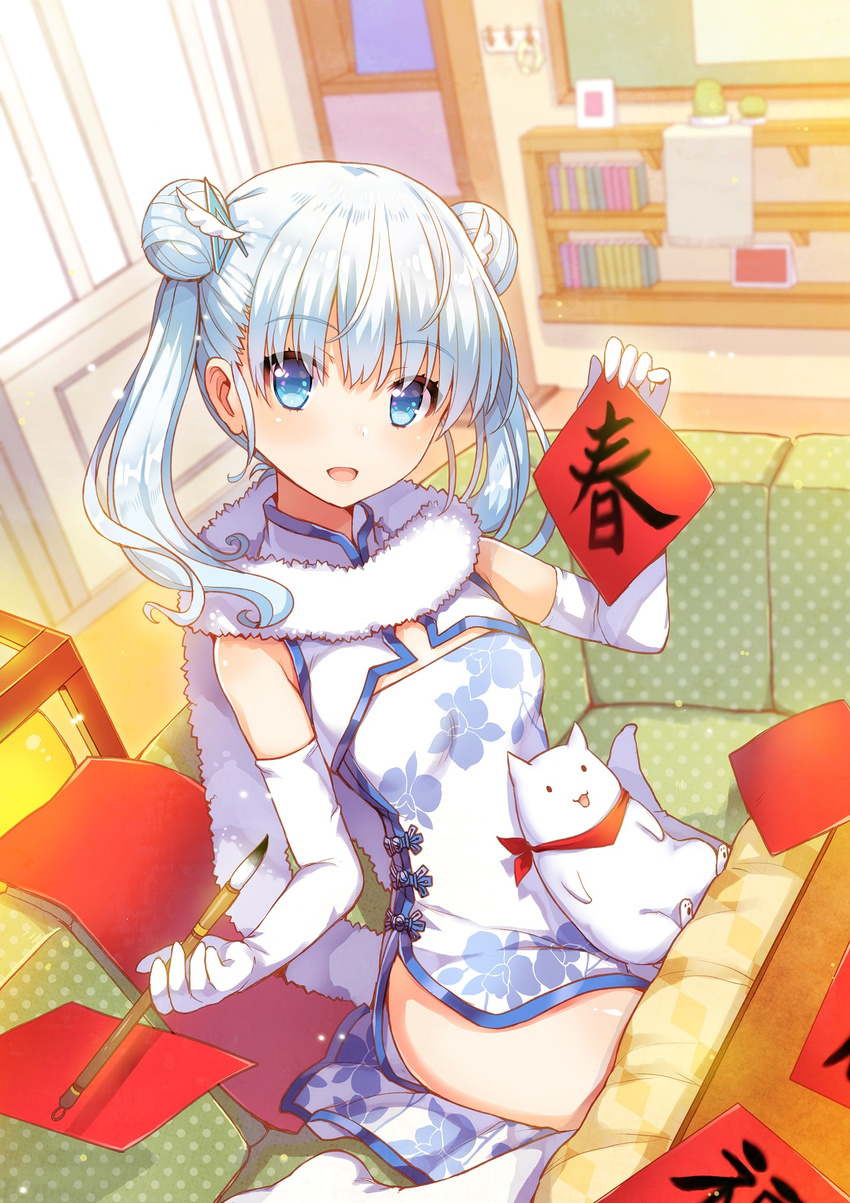 :d blue_eyes breasts cat china_dress chinese_clothes couch dress elbow_gloves eyebrows_visible_through_hair gloves head_tilt highres holding kaworu_(1030) kuuki_shoujo long_hair looking_at_viewer open_mouth scarf silver_hair sitting small_breasts smile solo the_personification_of_atmosphere twintails white_gloves white_scarf
