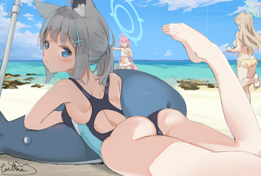 3girls ahoge algae animal_ear_fluff animal_ears ass bare_legs beach bikini blonde_hair blue_archive blue_eyes blue_sky breasts cat_ears chinese_commentary closed_mouth cloud cross cross_hair_ornament day english_commentary facing_away feet frilled_bikini frills from_behind grey_hair hair_ornament halo highres horizon hoshino_(blue_archive) inflatable_orca inflatable_toy inverted_cross leg_up legs long_hair looking_at_viewer looking_back lying medium_breasts medium_hair mixed-language_commentary multiple_girls nape navel no_eyes nonomi_(blue_archive) ocean on_stomach one-piece_swimsuit outdoors plantar_flexion pointing pointing_to_the_side shiroko_(blue_archive) short_ponytail sidelocks signature sky small_breasts standing standing_on_one_leg swimsuit thighs umbrella_stand white_bikini wittmann_(ehvr8373) yellow_bikini