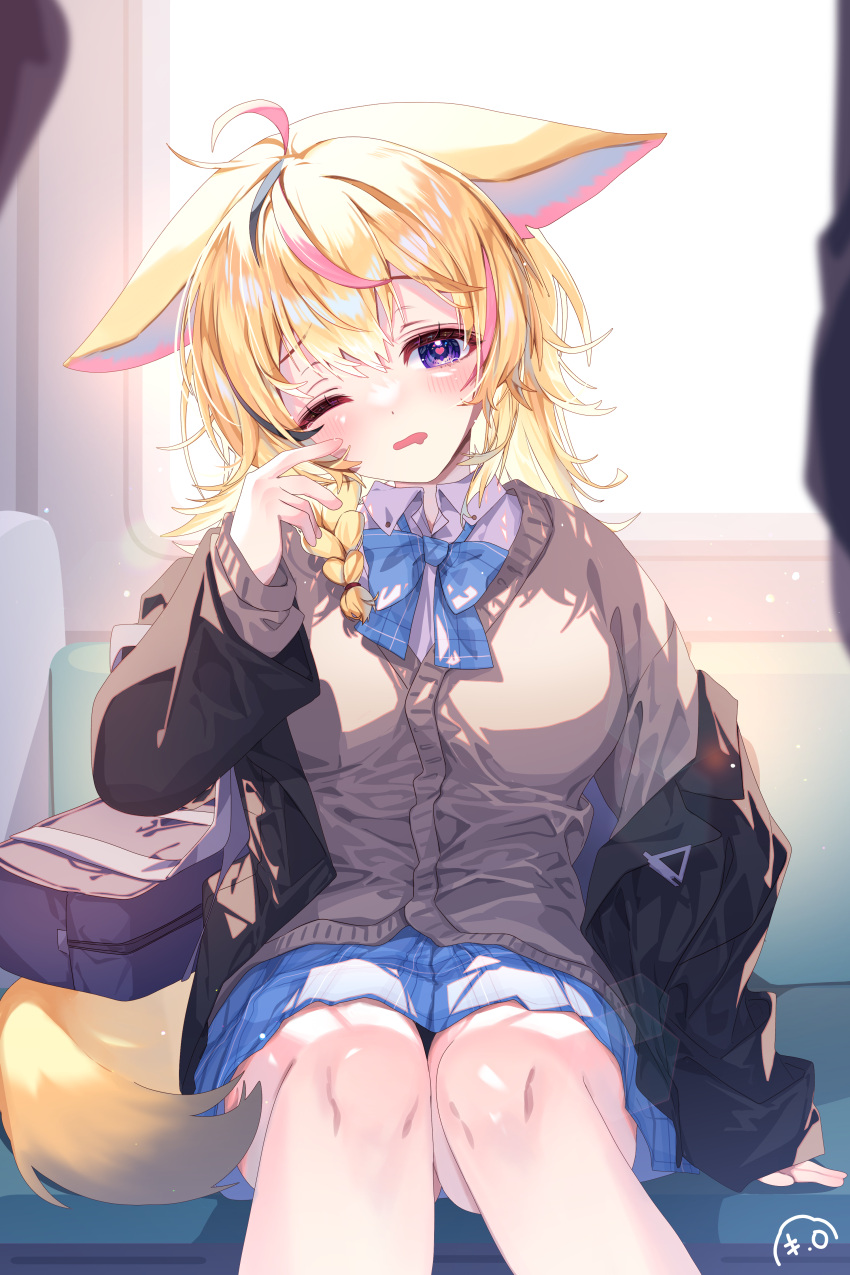 1girl absurdres ahoge animal_ears bag black_hair black_jacket blonde_hair blue_bow blue_bowtie blue_skirt blush bow bowtie braid brown_cardigan cardigan collared_shirt commentary day drooling ears_down finger_to_cheek fox_ears fox_girl fox_tail half-closed_eye hand_up head_tilt heart heart-shaped_pupils highres hololive jacket kio_is_here knees lens_flare light_particles long_hair long_sleeves looking_at_viewer mouth_drool multicolored_hair off_shoulder omaru_polka one_eye_closed open_clothes open_jacket open_mouth pink_hair plaid plaid_bow plaid_skirt purple_eyes school_bag school_uniform shirt shoulder_bag side_braid sidelocks signature sitting skirt sleepy solo_focus streaked_hair sunlight symbol-shaped_pupils tail train_interior virtual_youtuber white_shirt window wing_collar
