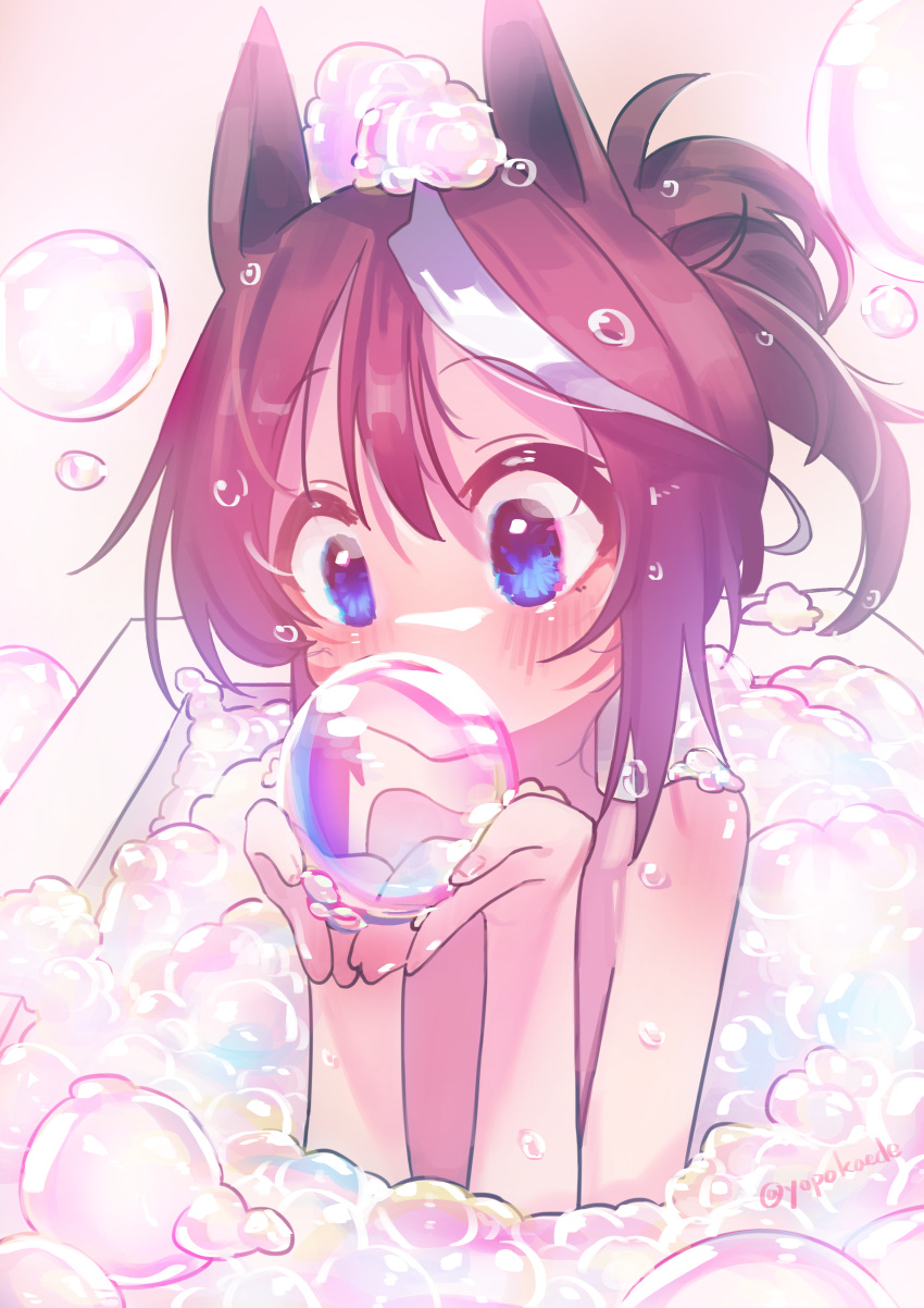 1girl absurdres bath bathing bathtub blue_eyes blush breasts brown_hair bubble commentary_request covered_mouth feng_feng_(yopokaede) hair_between_eyes hands_up highres medium_breasts multicolored_hair nude partially_submerged soap_bubbles solo streaked_hair tokai_teio_(umamusume) umamusume upper_body white_hair