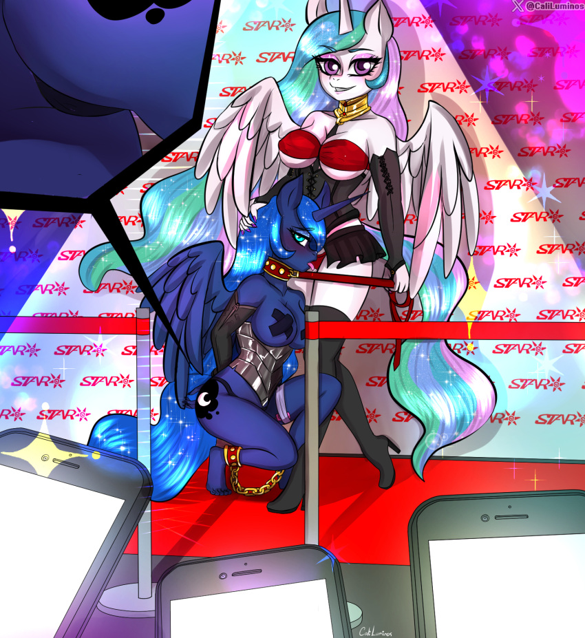 anthro bdsm bondage bound brony caliluminos censored duo equid equine exhibitionism female friendship_is_magic hasbro hi_res horse invalid_tag licking luna_(disambiguation) mammal my_little_pony pony princess_celestia_(mlp) princesses tongue tongue_out ych