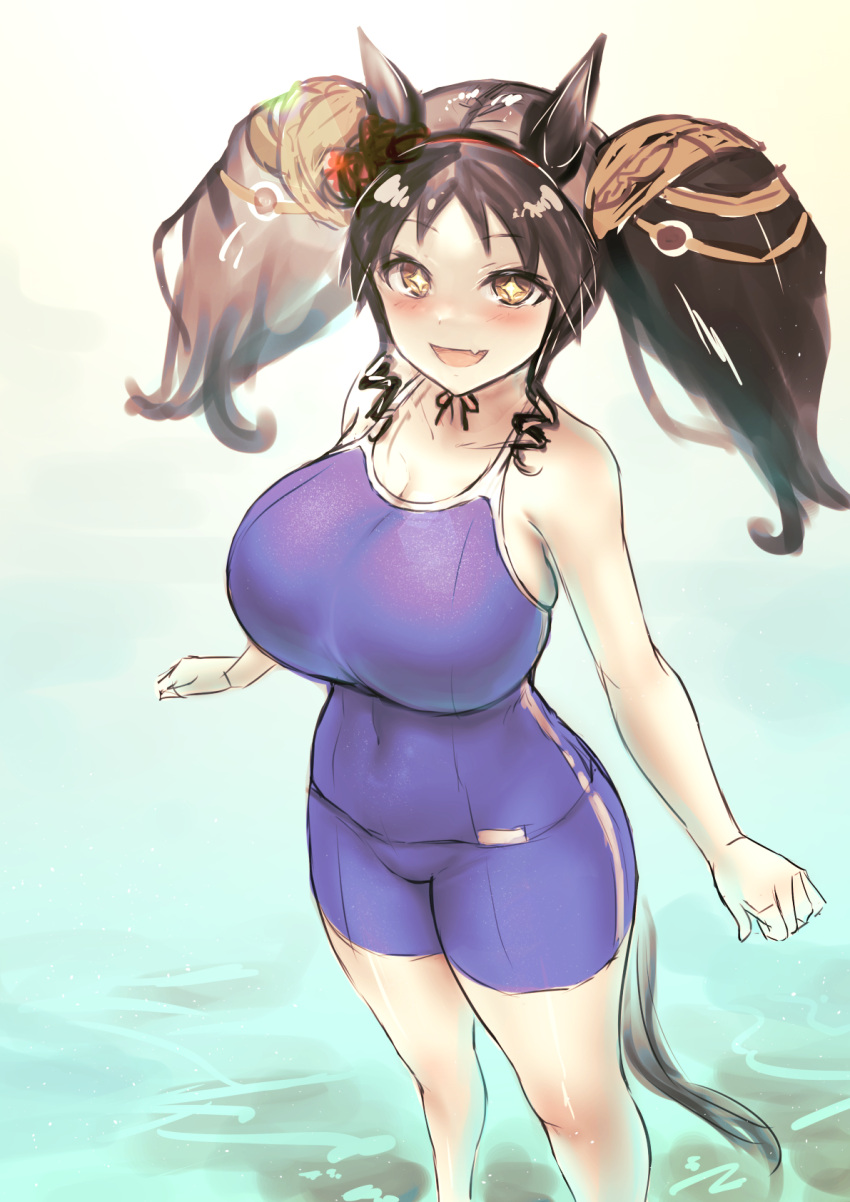 1girl animal_ears blue_one-piece_swimsuit breasts brown_hair commentary_request competition_school_swimsuit competition_swimsuit highres horse_ears horse_girl large_breasts looking_at_viewer marvelous_sunday_(umamusume) one-piece_swimsuit open_mouth school_swimsuit solo sparkling_eyes swimsuit tracen_swimsuit twintails umamusume yellow_eyes yuugatou_(yuuzutu)