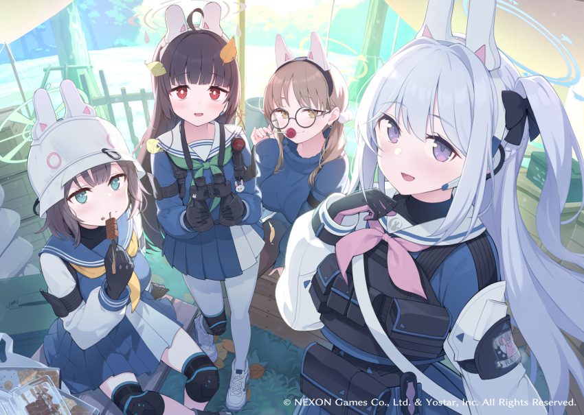 4girls ahoge animal_ears binoculars black_gloves black_hair blue_archive blue_halo blue_serafuku blue_skirt blue_sweater blush braid breasts brown_eyes brown_hair closed_mouth commentary_request earpiece food gloves green_eyes green_halo green_neckerchief grey_hair grey_halo hair_between_eyes halo highres holding holding_food knee_pads large_breasts leaf leaf_on_head long_hair long_sleeves looking_at_viewer miyako_(blue_archive) miyu_(blue_archive) moe_(blue_archive) multiple_girls neckerchief one_side_up open_mouth pantyhose pink_gloves pink_neckerchief pleated_skirt purple_eyes rabbit_ears rabbit_platoon_(blue_archive) red_eyes sailor_collar saki_(blue_archive) school_uniform serafuku shoes short_hair skirt smile sweater tam-u twintails two-tone_gloves two-tone_skirt white_footwear white_pantyhose white_sailor_collar white_skirt yellow_halo yellow_neckerchief