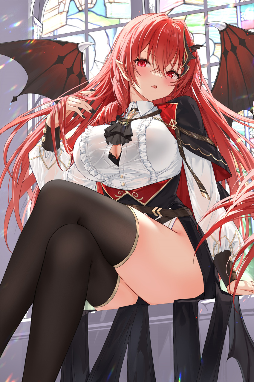 1girl absurdres arm_support ascot bat_wings black_ascot black_bra black_nails black_thighhighs blush bra breasts button_gap check_copyright chestnut_mouth cleavage copyright_request crossed_legs demon_girl devil_heavens feet_out_of_frame highres large_breasts light_particles long_hair looking_at_viewer nail_polish open_mouth original pointy_ears red_eyes red_hair sitting slit_pupils solo stained_glass thighhighs thighs underwear vampire virtual_youtuber window wings